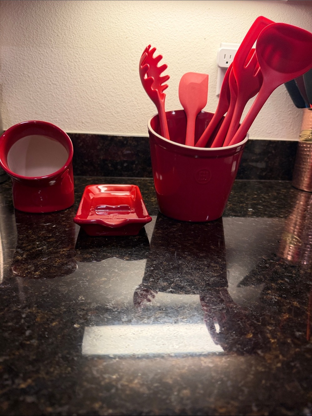 Emile Henry Spoon Rest, Salt Cellar and Utencil holder. Made in France. RED